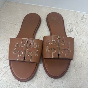 Tan Tory Burch leather slides